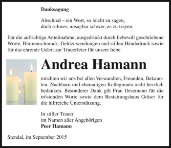 Traueranzeige von Andrea Hamann  von Magdeburger Volksstimme