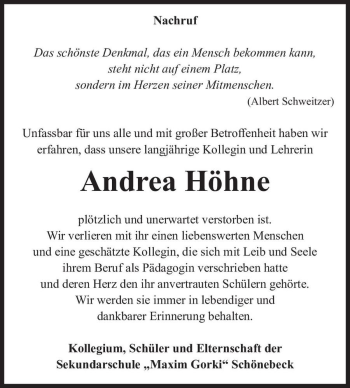Traueranzeige von Andrea Höhne  von Magdeburger Volksstimme