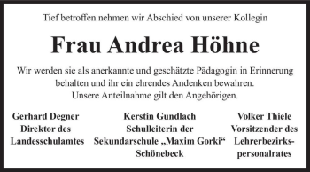 Traueranzeige von Andrea Höhne  von Magdeburger Volksstimme