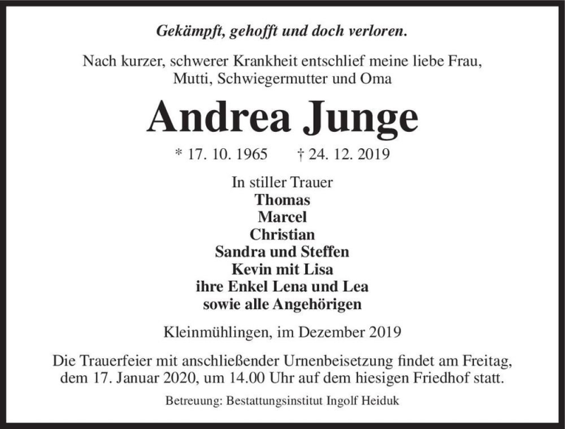  Traueranzeige für Andrea Junge  vom 04.01.2020 aus Magdeburger Volksstimme
