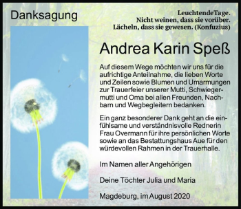 Traueranzeige von Andrea Karin Speß  von Magdeburger Volksstimme