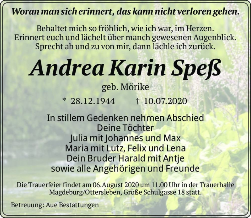  Traueranzeige für Andrea Karin Speß (geb. Mörike)  vom 18.07.2020 aus Magdeburger Volksstimme