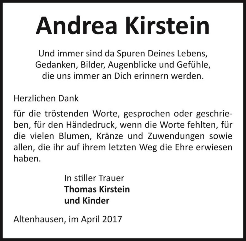  Traueranzeige für Andrea Kirstein  vom 29.04.2017 aus Magdeburger Volksstimme
