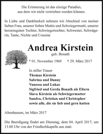 Traueranzeige von Andrea Kirstein (geb. Bonath)  von Magdeburger Volksstimme