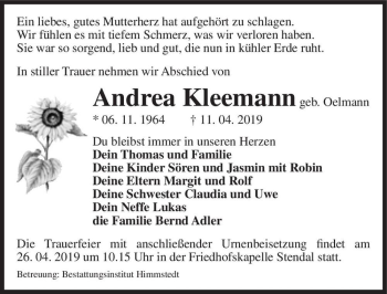 Traueranzeige von Andrea Kleemann (geb. Oelmann)  von Magdeburger Volksstimme
