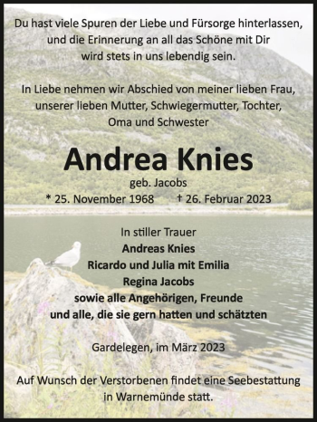 Traueranzeige von Andrea Knies (geb. Jacobs)  von Magdeburger Volksstimme