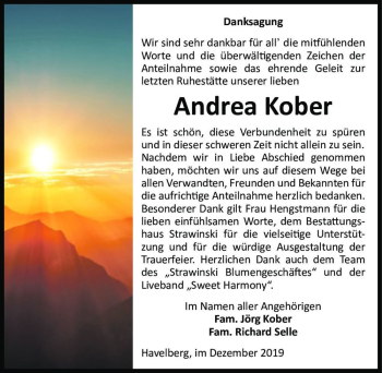 Traueranzeige von Andrea Kober  von Magdeburger Volksstimme