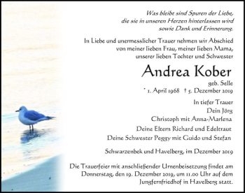 Traueranzeige von Andrea Kober (geb. Selle)  von Magdeburger Volksstimme
