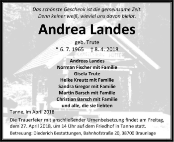 Traueranzeige von Andrea Landes (geb. Trute)  von Magdeburger Volksstimme