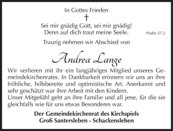 Traueranzeige von Andrea Lange  von Magdeburger Volksstimme
