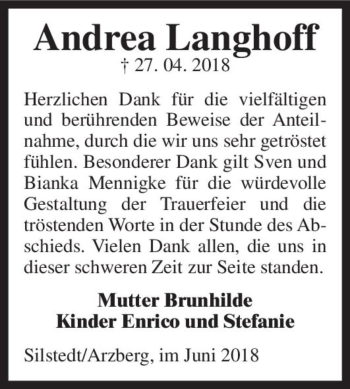 Traueranzeige von Andrea Langhoff  von Magdeburger Volksstimme