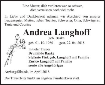 Traueranzeige von Andrea Langhoff (geb. Baake)  von Magdeburger Volksstimme