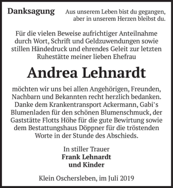 Traueranzeige von Andrea Lehnardt  von Magdeburger Volksstimme