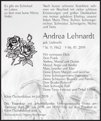 Traueranzeige von Andrea Lehnardt (geb. Liebrecht)  von Magdeburger Volksstimme
