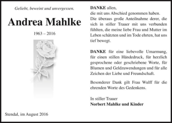 Traueranzeige von Andrea Mahlke  von Magdeburger Volksstimme