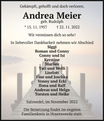 Traueranzeige von Andrea Meier (geb. Rudolph)  von Magdeburger Volksstimme