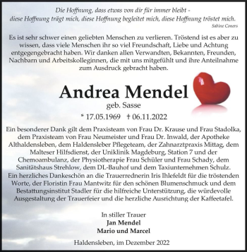 Traueranzeige von Andrea Mendel (geb. Sasse)  von Magdeburger Volksstimme