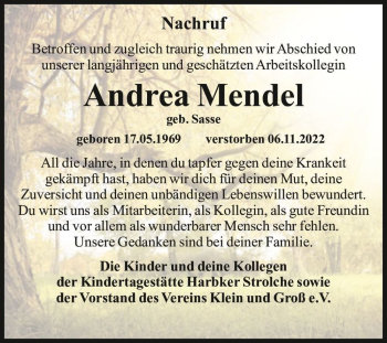 Traueranzeige von Andrea Mendel (geb. Sasse)  von Magdeburger Volksstimme