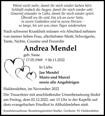 Traueranzeige von Andrea Mendel (geb. Sasse)  von Magdeburger Volksstimme
