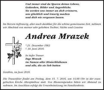 Traueranzeige von Andrea Mrazek  von Magdeburger Volksstimme