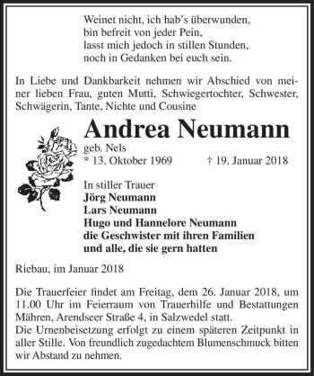 Traueranzeige von Andrea Neumann (geb. Nels)  von Magdeburger Volksstimme