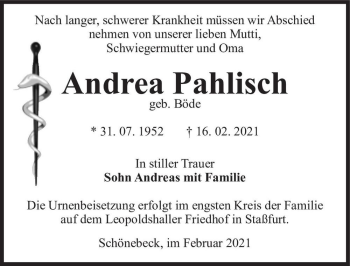 Traueranzeige von Andrea Pahlisch (geb. Böde)  von Magdeburger Volksstimme