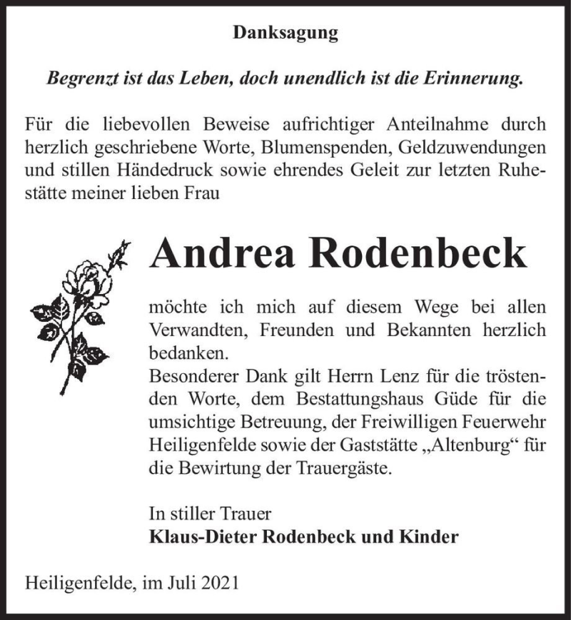  Traueranzeige für Andrea Rodenbeck  vom 02.07.2021 aus Magdeburger Volksstimme