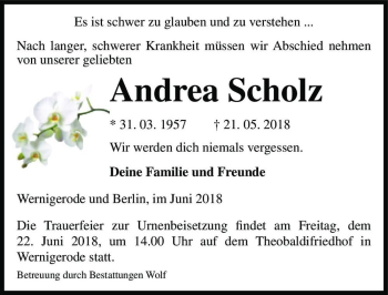 Traueranzeige von Andrea Scholz  von Magdeburger Volksstimme