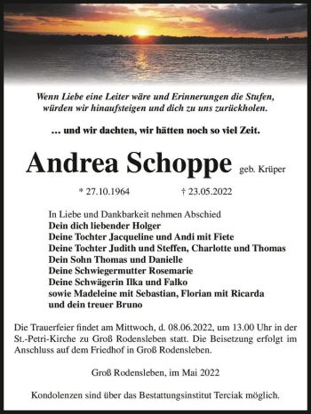 Traueranzeige von Andrea Schoppe (geb. Krüper)  von Magdeburger Volksstimme
