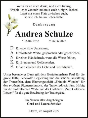 Traueranzeige von Andrea Schulze  von Magdeburger Volksstimme