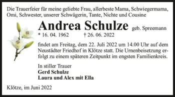 Traueranzeige von Andrea Schulze (geb. Spreemann)  von Magdeburger Volksstimme