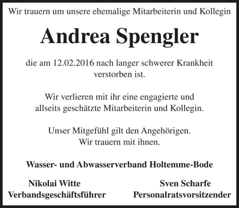 Traueranzeige für Andrea Spengler  vom 19.02.2016 aus Magdeburger Volksstimme
