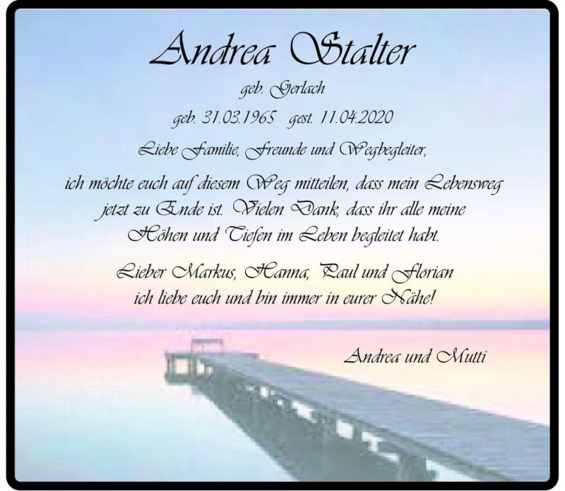  Traueranzeige für Andrea Stalter (geb. Gerlach)  vom 18.04.2020 aus Magdeburger Volksstimme