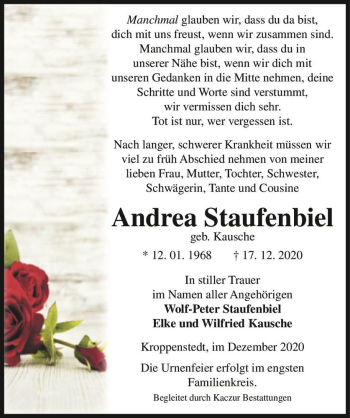 Traueranzeige von Andrea Staufenbiel (geb. Kausche)  von Magdeburger Volksstimme
