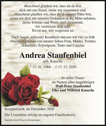 Traueranzeige von Andrea Staufenbiel (geb. Kausche)  von Magdeburger Volksstimme