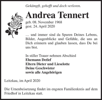 Traueranzeige von Andrea Tennert  von Magdeburger Volksstimme