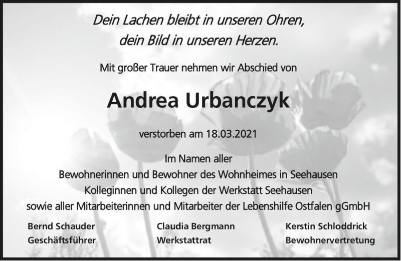  Traueranzeige für Andrea Urbanczyk  vom 10.04.2021 aus Magdeburger Volksstimme