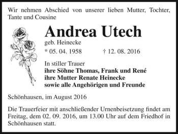 Traueranzeige von Andrea Utech (geb. Heinecke)  von Magdeburger Volksstimme