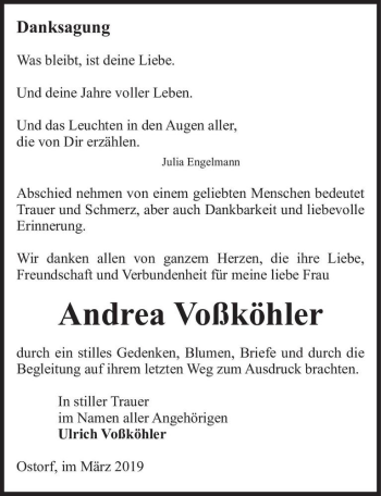 Traueranzeige von Andrea Voßköhler  von Magdeburger Volksstimme