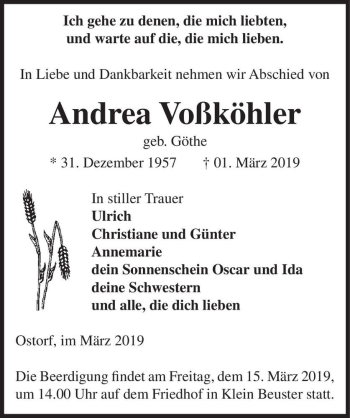 Traueranzeige von Andrea Voßköhler (geb. Göthe)  von Magdeburger Volksstimme