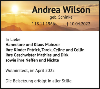 Traueranzeige von Andrea Wilson (geb. Schinke)  von Magdeburger Volksstimme