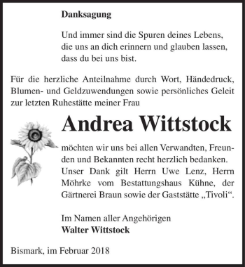Traueranzeige von Andrea Wittstock  von Magdeburger Volksstimme