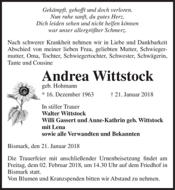 Traueranzeige von Andrea Wittstock (geb. Hohmann)  von Magdeburger Volksstimme