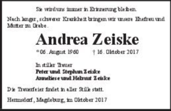 Traueranzeige von Andrea Zeiske  von Magdeburger Volksstimme