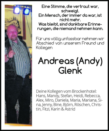 Traueranzeige von Andreas (Andy) Glenk  von Magdeburger Volksstimme