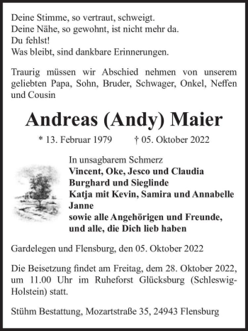Traueranzeige von Andreas (Andy) Maier  von Magdeburger Volksstimme