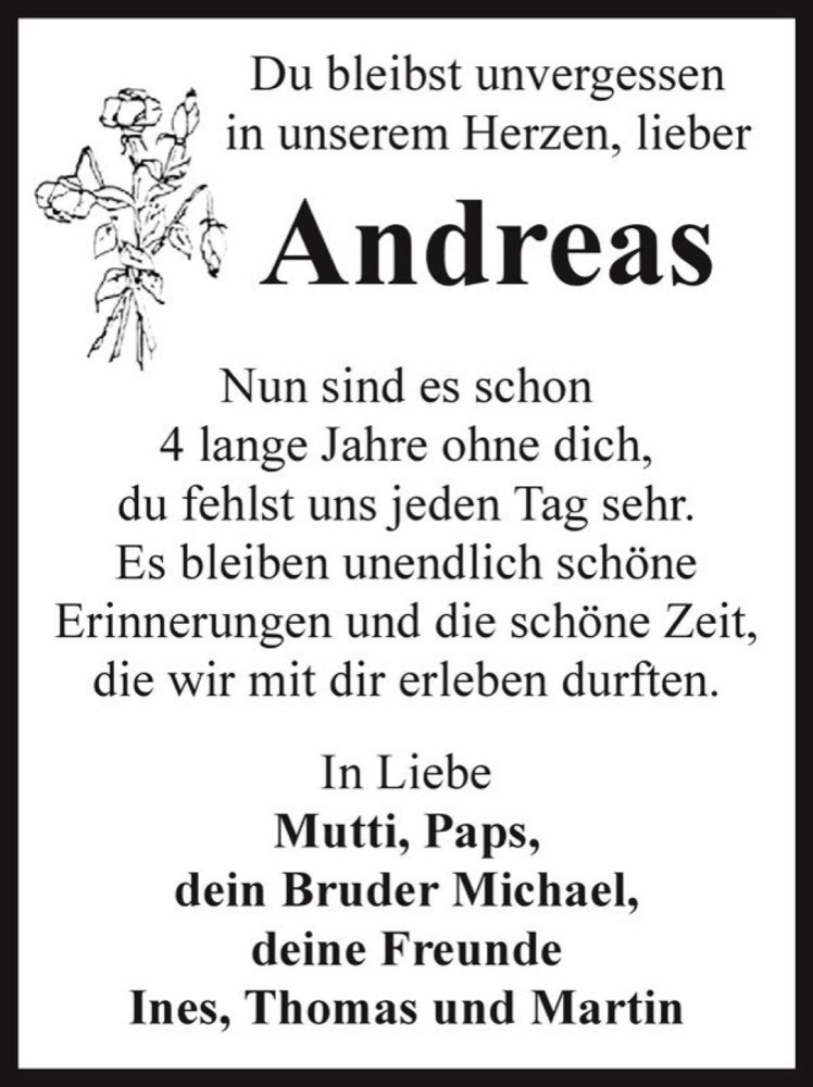  Traueranzeige für Andreas  vom 22.03.2017 aus Magdeburger Volksstimme