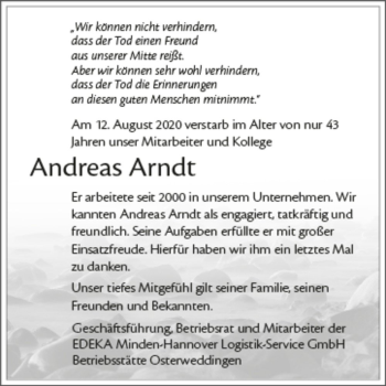 Traueranzeige von Andreas Arndt  von Magdeburger Volksstimme
