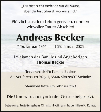 Traueranzeige von Andreas Becker  von Magdeburger Volksstimme