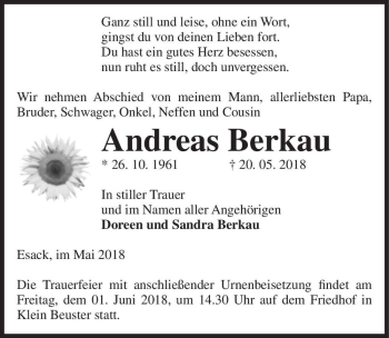 Traueranzeige von Andreas Berkau  von Magdeburger Volksstimme